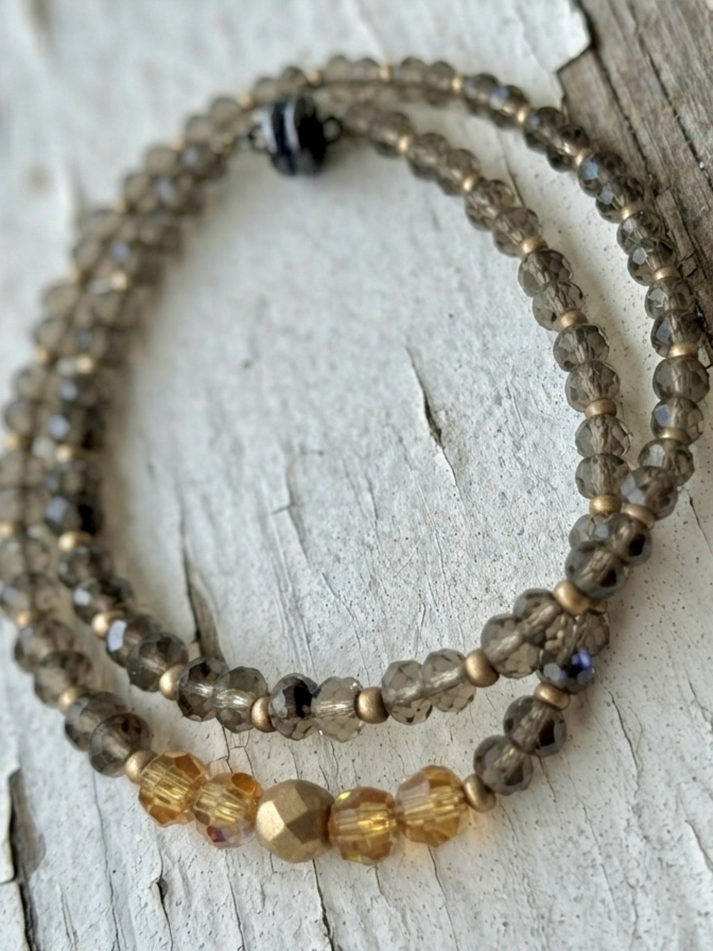 Smoky Quartz & Gold Accent Beaded Double Wrap Bracelet